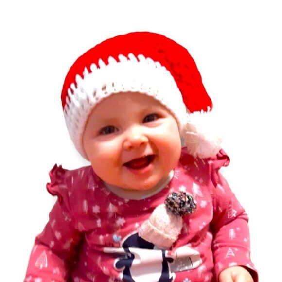 Newborn Infants Crocheted Santa Hat Red White Pom Beanies Cap NEW - Picture 2 of 4
